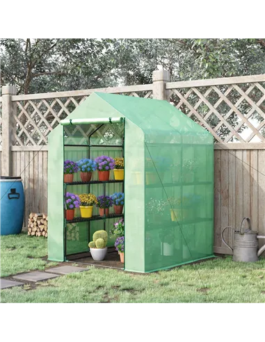 Outsunny Walk in Greenhouse with Shelves Steeple Green House for Garden Grow House Removable Cover 143x138x190cm, Green