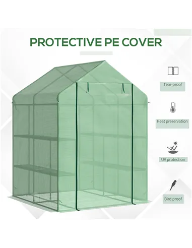 Outsunny Walk in Greenhouse with Shelves Steeple Green House for Garden Grow House Removable Cover 143x138x190cm, Green
