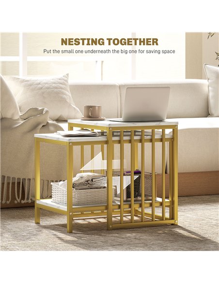 HOMCOM Modern Coffee Table Set of Two, Marble-Effect Nesting Side Tables with Steel Frame for Living Room, Gold Tone