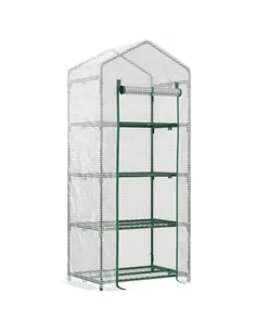 Outsunny 4 Tier Mini Greenhouse, Portable Compact Green House with Steel Frame, PE Cover, Roll-up Door, 70 x 50 x 160 cm, White