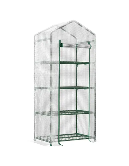 Outsunny 4 Tier Mini Greenhouse, Portable Compact Green House with Steel Frame, PE Cover, Roll-up Door, 70 x 50 x 160 cm, White