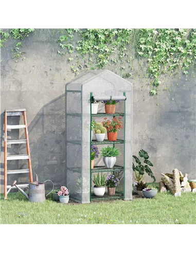 Outsunny 4 Tier Mini Greenhouse, Portable Compact Green House with Steel Frame, PE Cover, Roll-up Door, 70 x 50 x 160 cm, White