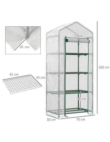 Outsunny 4 Tier Mini Greenhouse, Portable Compact Green House with Steel Frame, PE Cover, Roll-up Door, 70 x 50 x 160 cm, White