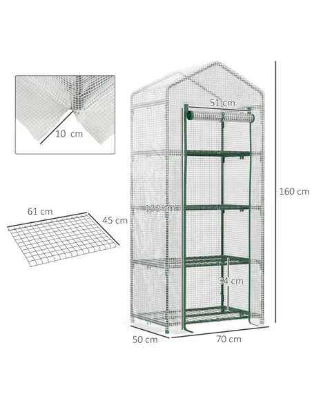 Outsunny 4 Tier Mini Greenhouse, Portable Compact Green House with Steel Frame, PE Cover, Roll-up Door, 70 x 50 x 160 cm, White