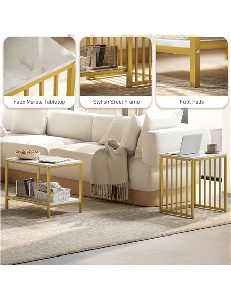 HOMCOM Modern Coffee Table Set of Two, Marble-Effect Nesting Side Tables with Steel Frame for Living Room, Gold Tone