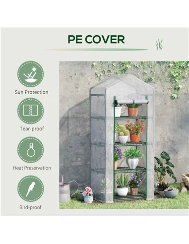 Outsunny 4 Tier Mini Greenhouse, Portable Compact Green House with Steel Frame, PE Cover, Roll-up Door, 70 x 50 x 160 cm, White