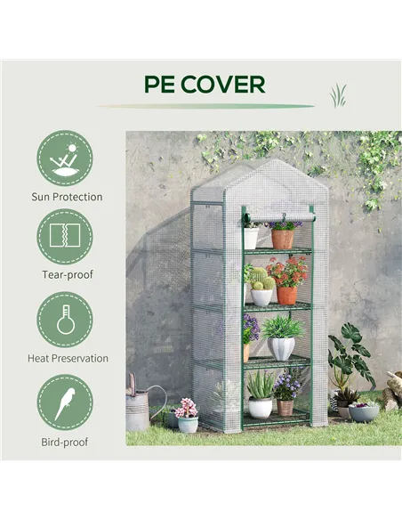 Outsunny 4 Tier Mini Greenhouse, Portable Compact Green House with Steel Frame, PE Cover, Roll-up Door, 70 x 50 x 160 cm, White