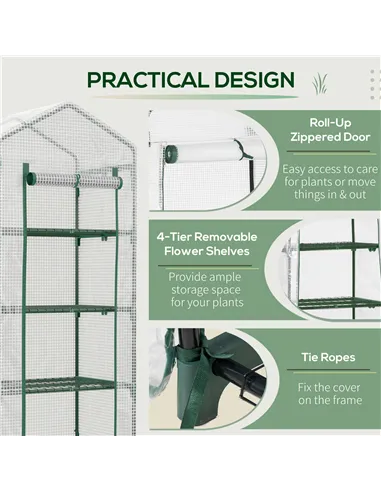 Outsunny 4 Tier Mini Greenhouse, Portable Compact Green House with Steel Frame, PE Cover, Roll-up Door, 70 x 50 x 160 cm, White