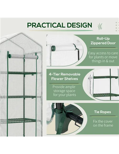 Outsunny 4 Tier Mini Greenhouse, Portable Compact Green House with Steel Frame, PE Cover, Roll-up Door, 70 x 50 x 160 cm, White