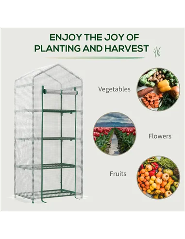 Outsunny 4 Tier Mini Greenhouse, Portable Compact Green House with Steel Frame, PE Cover, Roll-up Door, 70 x 50 x 160 cm, White