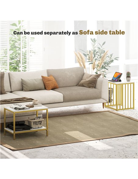 HOMCOM Modern Coffee Table Set of Two, Marble-Effect Nesting Side Tables with Steel Frame for Living Room, Gold Tone