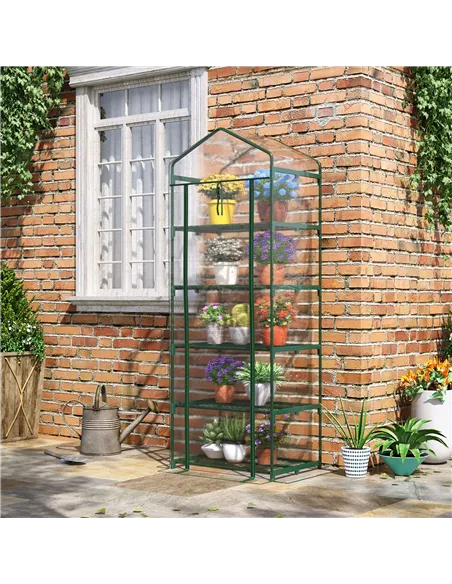 Outsunny 5 Tier Mini Greenhouse, Small Walk-in Greenhouse with Reinforced Plastic Cover, Garden Grow House with Roll Up Door and