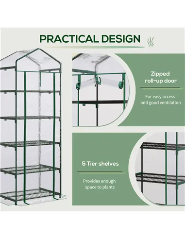 Outsunny 5 Tier Mini Greenhouse, Small Walk-in Greenhouse with Reinforced Plastic Cover, Garden Grow House with Roll Up Door and