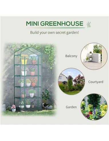Outsunny 5 Tier Mini Greenhouse, Small Walk-in Greenhouse with Reinforced Plastic Cover, Garden Grow House with Roll Up Door and