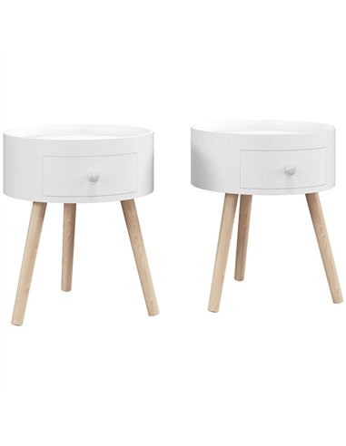 HOMCOM Modern Side Table, Small Coffee Table, Round Bedside Table with Drawer and Wood Legs for Living Room, Bedroom, Set of 2, 