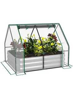 Outsunny Raised Garden Bed with Greenhouse, Steel Planter Box with Plastic Cover, Roll Up Window, Dual Use for Flowers, Vegetabl