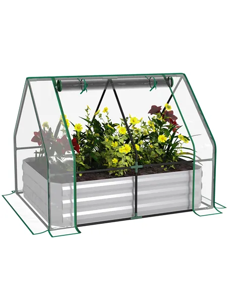 Outsunny Raised Garden Bed with Greenhouse, Steel Planter Box with Plastic Cover, Roll Up Window, Dual Use for Flowers, Vegetabl