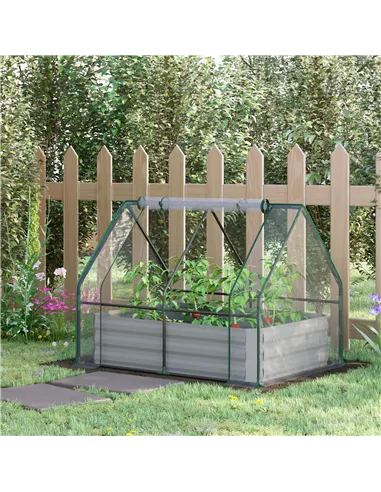 Outsunny Raised Garden Bed with Greenhouse, Steel Planter Box with Plastic Cover, Roll Up Window, Dual Use for Flowers, Vegetabl