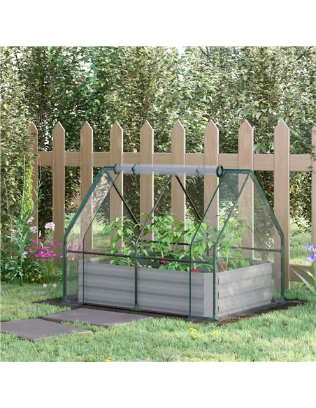 Outsunny Raised Garden Bed with Greenhouse, Steel Planter Box with Plastic Cover, Roll Up Window, Dual Use for Flowers, Vegetabl