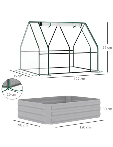 Outsunny Raised Garden Bed with Greenhouse, Steel Planter Box with Plastic Cover, Roll Up Window, Dual Use for Flowers, Vegetabl