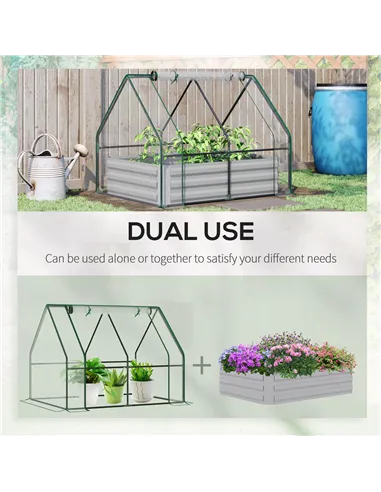 Outsunny Raised Garden Bed with Greenhouse, Steel Planter Box with Plastic Cover, Roll Up Window, Dual Use for Flowers, Vegetabl