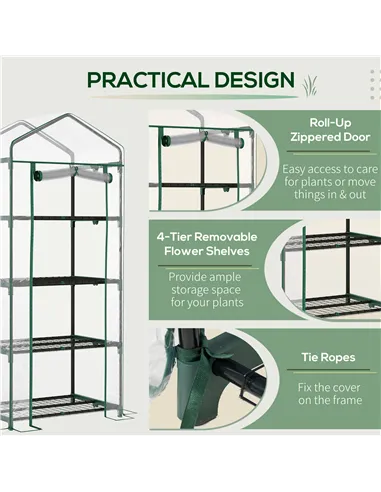 Outsunny 4 Tiers Mini Portable Greenhouse Compact Plant Grow Shed Metal Frame Transparent Clear Cover 160H x 70L x 50Wcm