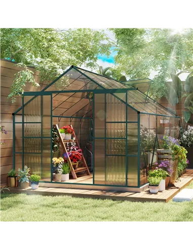 Outsunny 8 x 12ft Aluminium Greenhouse Polycarbonate Walk-in Garden Greenhouse Kit with Adjustable Roof Vent, Double Sliding Doo