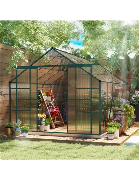 Outsunny 8 x 12ft Aluminium Greenhouse Polycarbonate Walk-in Garden Greenhouse Kit with Adjustable Roof Vent, Double Sliding Doo