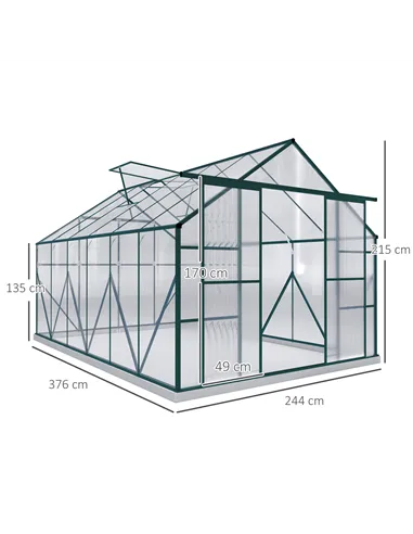 Outsunny 8 x 12ft Aluminium Greenhouse Polycarbonate Walk-in Garden Greenhouse Kit with Adjustable Roof Vent, Double Sliding Doo