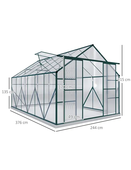 Outsunny 8 x 12ft Aluminium Greenhouse Polycarbonate Walk-in Garden Greenhouse Kit with Adjustable Roof Vent, Double Sliding Doo