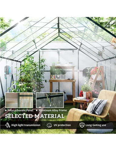 Outsunny 8 x 12ft Aluminium Greenhouse Polycarbonate Walk-in Garden Greenhouse Kit with Adjustable Roof Vent, Double Sliding Doo