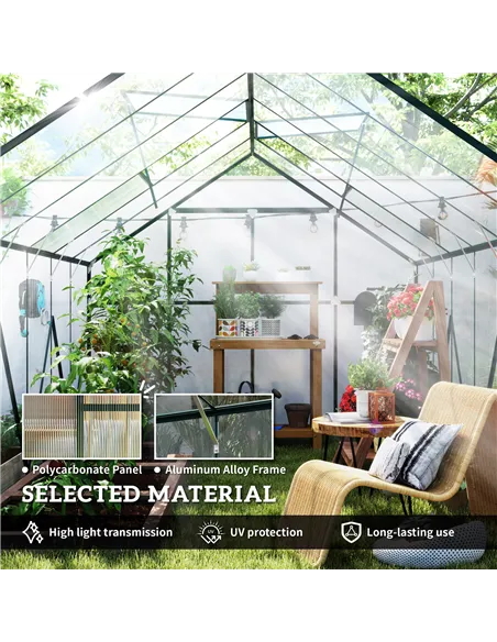 Outsunny 8 x 12ft Aluminium Greenhouse Polycarbonate Walk-in Garden Greenhouse Kit with Adjustable Roof Vent, Double Sliding Doo