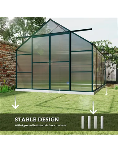 Outsunny 8 x 12ft Aluminium Greenhouse Polycarbonate Walk-in Garden Greenhouse Kit with Adjustable Roof Vent, Double Sliding Doo