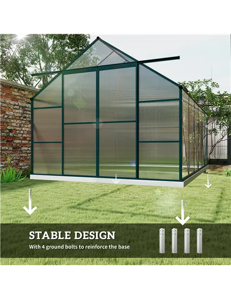 Outsunny 8 x 12ft Aluminium Greenhouse Polycarbonate Walk-in Garden Greenhouse Kit with Adjustable Roof Vent, Double Sliding Doo