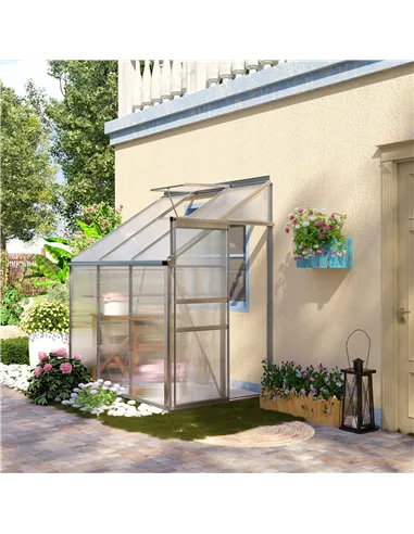 Outsunny 6 x 4ft Lean to Wall Polycarbonate Greenhouse Aluminium Walk-in Garden Greenhouse with Adjustable Roof Vent, Rain Gutte