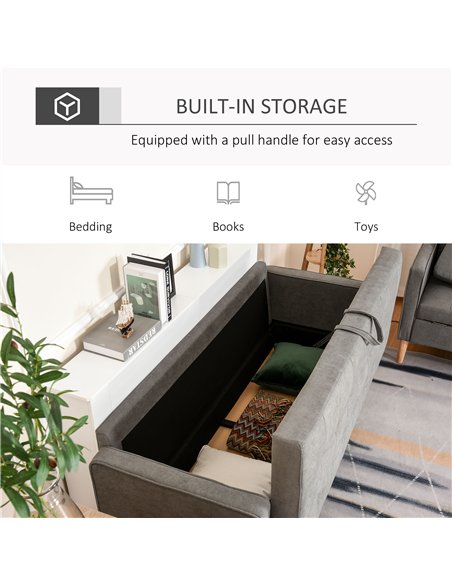 HOMCOM Modern 3 Seater Sofa with Hidden Storage, 169cm Tufted Cotton Couch with Wood Legs, Compact Sofa for Living Room, Grey
