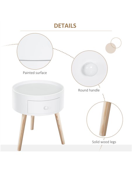 HOMCOM Modern Side Table, Small Coffee Table, Round Bedside Table with Drawer and Wood Legs for Living Room, Bedroom, Set of 2, 