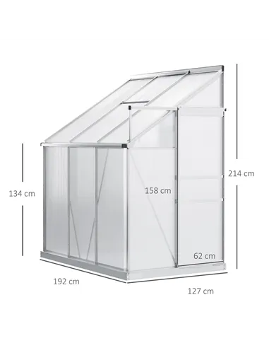 Outsunny 6 x 4ft Lean to Wall Polycarbonate Greenhouse Aluminium Walk-in Garden Greenhouse with Adjustable Roof Vent, Rain Gutte
