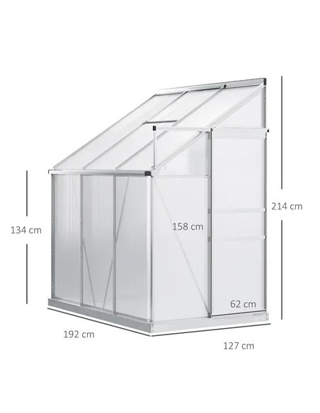 Outsunny 6 x 4ft Lean to Wall Polycarbonate Greenhouse Aluminium Walk-in Garden Greenhouse with Adjustable Roof Vent, Rain Gutte