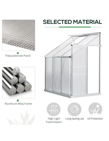 Outsunny 6 x 4ft Lean to Wall Polycarbonate Greenhouse Aluminium Walk-in Garden Greenhouse with Adjustable Roof Vent, Rain Gutte