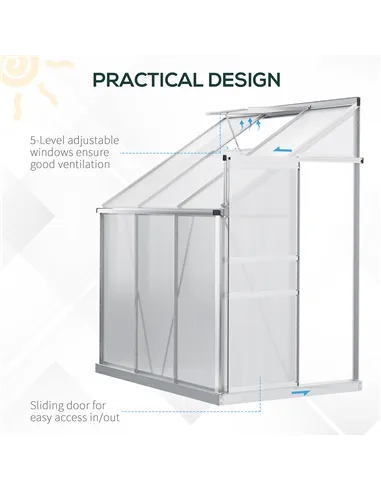 Outsunny 6 x 4ft Lean to Wall Polycarbonate Greenhouse Aluminium Walk-in Garden Greenhouse with Adjustable Roof Vent, Rain Gutte