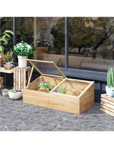 Outsunny Wooden Cold Frame Greenhouse Garden Polycarbonate Grow House  with Independent Openable Top Covers for Flowers, Vegetab
