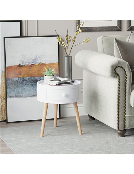 HOMCOM Modern Side Table, Small Coffee Table, Round Bedside Table with Drawer and Wood Legs for Living Room, Bedroom, Set of 2, 