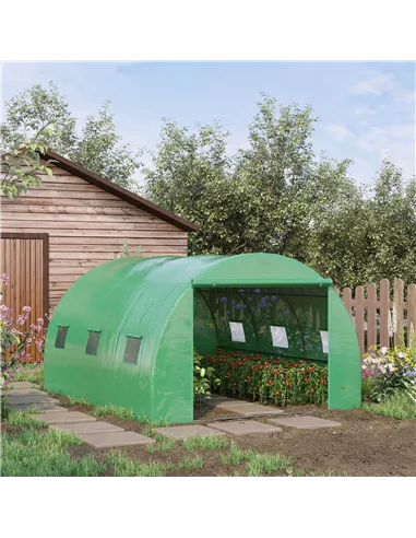 Outsunny Walk-in Polytunnel Greenhouse, Outdoor Garden Tunnel Greenhouse Tent with Zipped Roll-Up Door and 6 Mesh Windows, 4 x 3