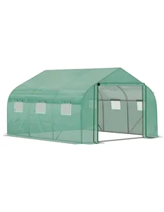 Outsunny Walk-in Polytunnel Garden Greenhouse, Outdoor Mesh Door Greenhouse with PE Cover and 6 Windows, 3.5 x 3 x 2m, Green