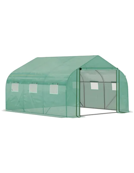 Outsunny Walk-in Polytunnel Garden Greenhouse, Outdoor Mesh Door Greenhouse with PE Cover and 6 Windows, 3.5 x 3 x 2m, Green