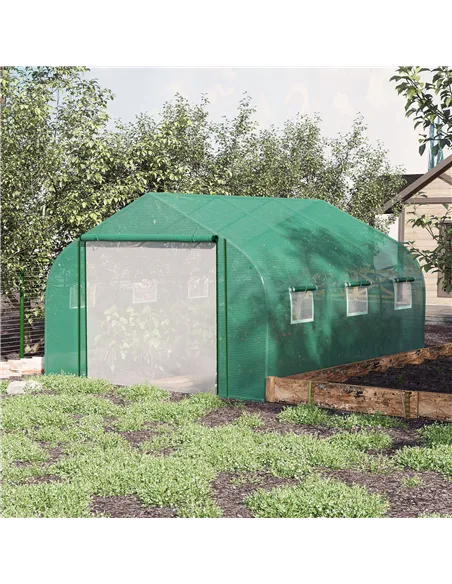 Outsunny Walk-in Polytunnel Garden Greenhouse, Outdoor Mesh Door Greenhouse with PE Cover and 6 Windows, 3.5 x 3 x 2m, Green