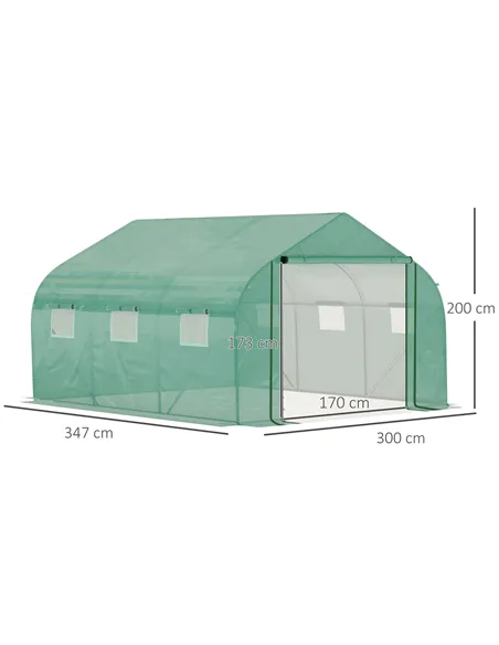 Outsunny Walk-in Polytunnel Garden Greenhouse, Outdoor Mesh Door Greenhouse with PE Cover and 6 Windows, 3.5 x 3 x 2m, Green