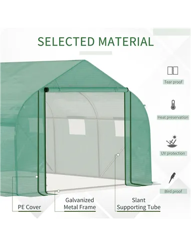 Outsunny Walk-in Polytunnel Garden Greenhouse, Outdoor Mesh Door Greenhouse with PE Cover and 6 Windows, 3.5 x 3 x 2m, Green