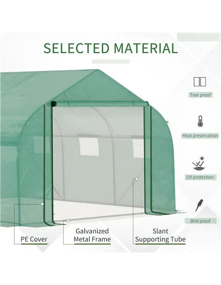Outsunny Walk-in Polytunnel Garden Greenhouse, Outdoor Mesh Door Greenhouse with PE Cover and 6 Windows, 3.5 x 3 x 2m, Green